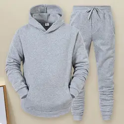 2Pcs/Set Autumn Winter Men Tracksuit Thickened Long Sleeve Elastic Waist Mid-rise Sportswear Set Solid Color Sporty Outfit