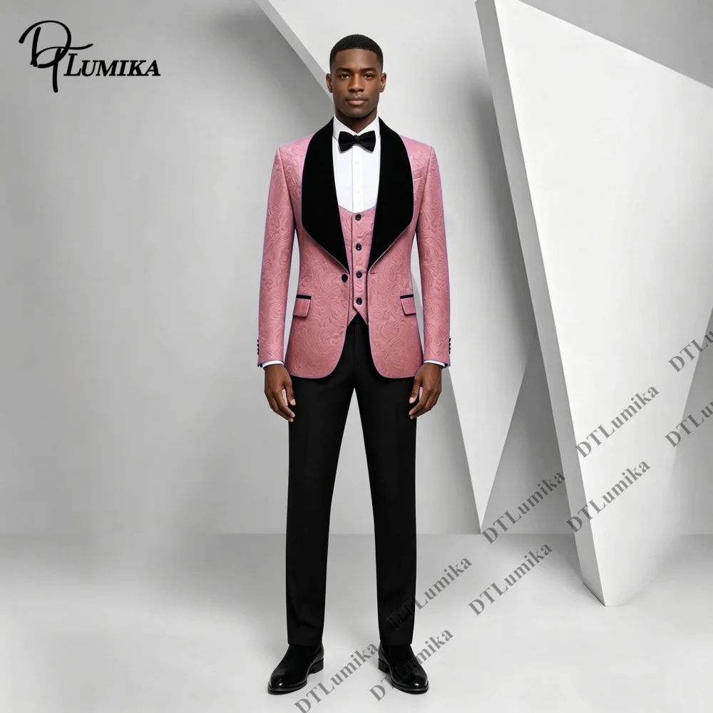 Banquet Jacquard Three Piece Tuxedo Blazer Vest Pants Set, Wedding Groom Suit Formal Gentleman Outfit XXS-7XL Prom Suit Attire