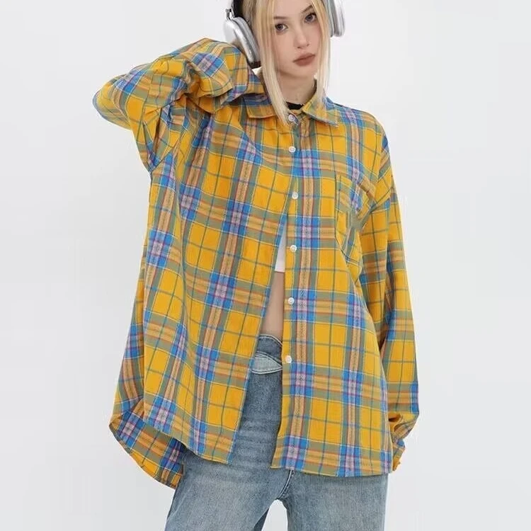 

Autumn Large Size 300 Pou Hong Kong Sle Casual Vintage Men's Loose Long Sve irt Trendy Yellow Plaid irt