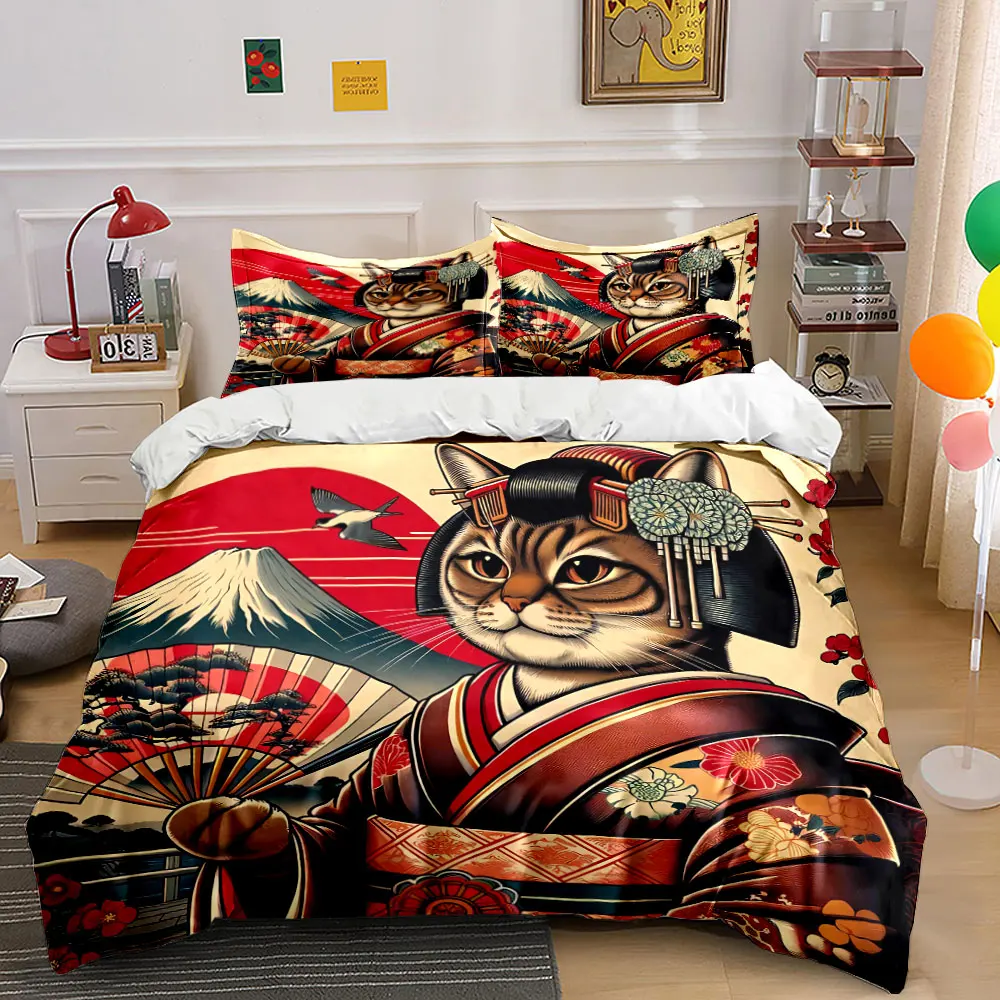 Japanese Style Cat Art Decor Bedding Set with 1 Duvet Cover 2 Pillowcases Single Double King Queen, Gift