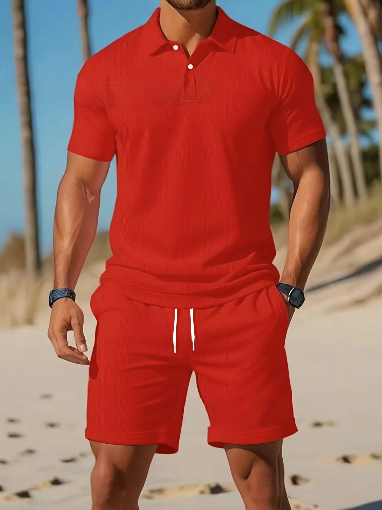 

Summer Casual Versatile Fashion Short-Sleeved Button-Down Polo Shirt And Breathable Mesh Shorts Set for Men Plus Size