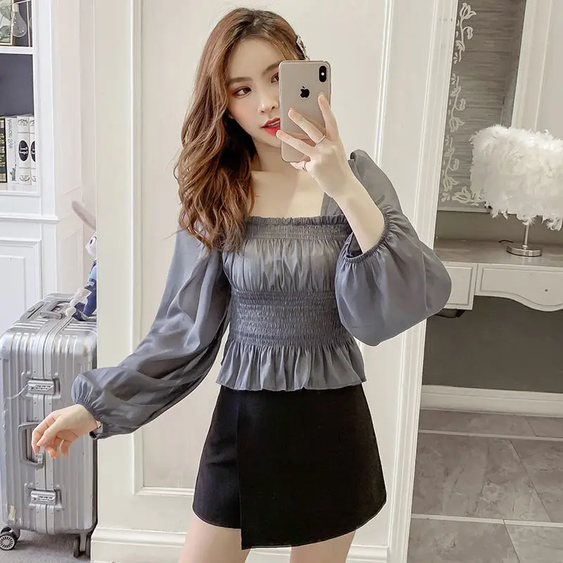 Spring New Long Sleeve Chiffon Short Blouse Slim Solid Color Thin Pleated White Shirt Tops Elegant Temperament Women Clothing