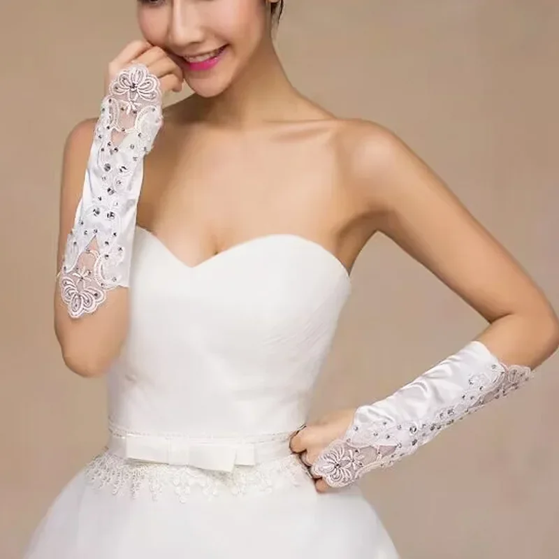 Bridal Evening Gown Ceremony Etiquette Gloves Interlocking Finger Design and Embellished Floral Diamond Satin Finish