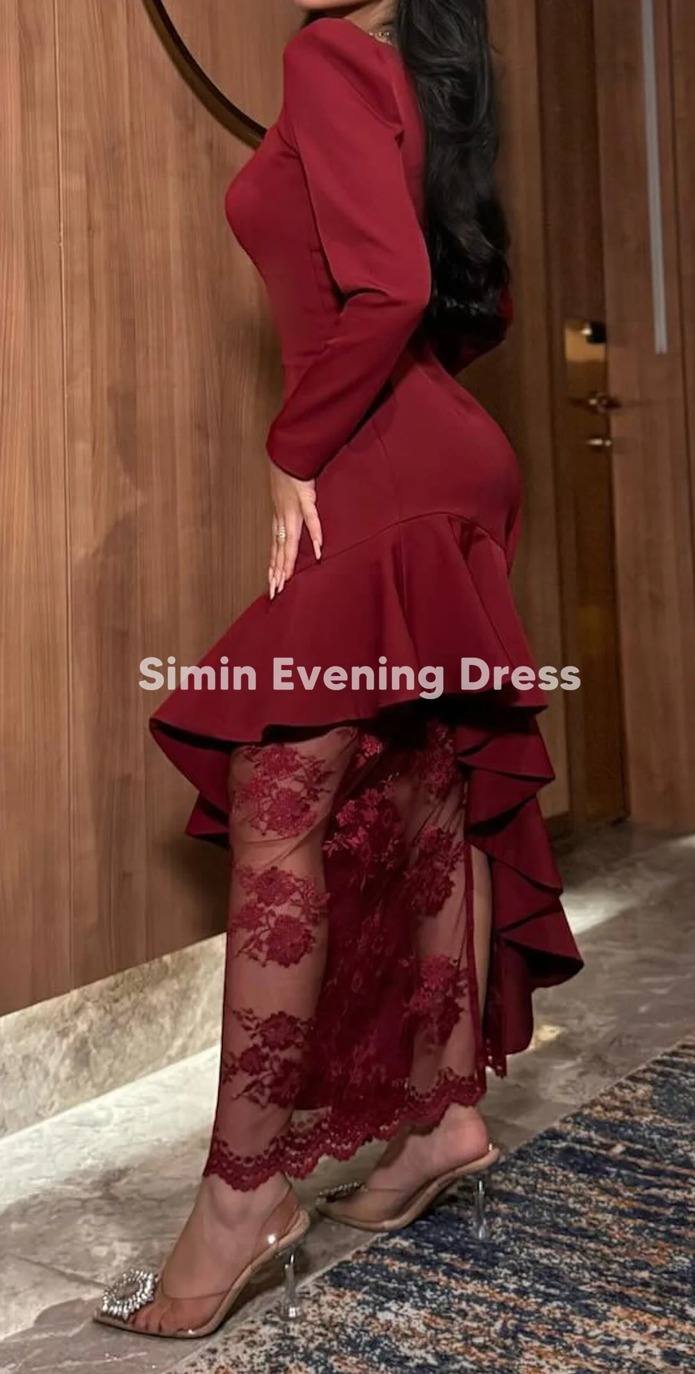 시민 여성 크레이프 스퀘어넥 롱 슬리브 이브닝 드레스, 사이드 슬릿 러플 발목 기장 레이스 패치워크 프롬 가운 2025