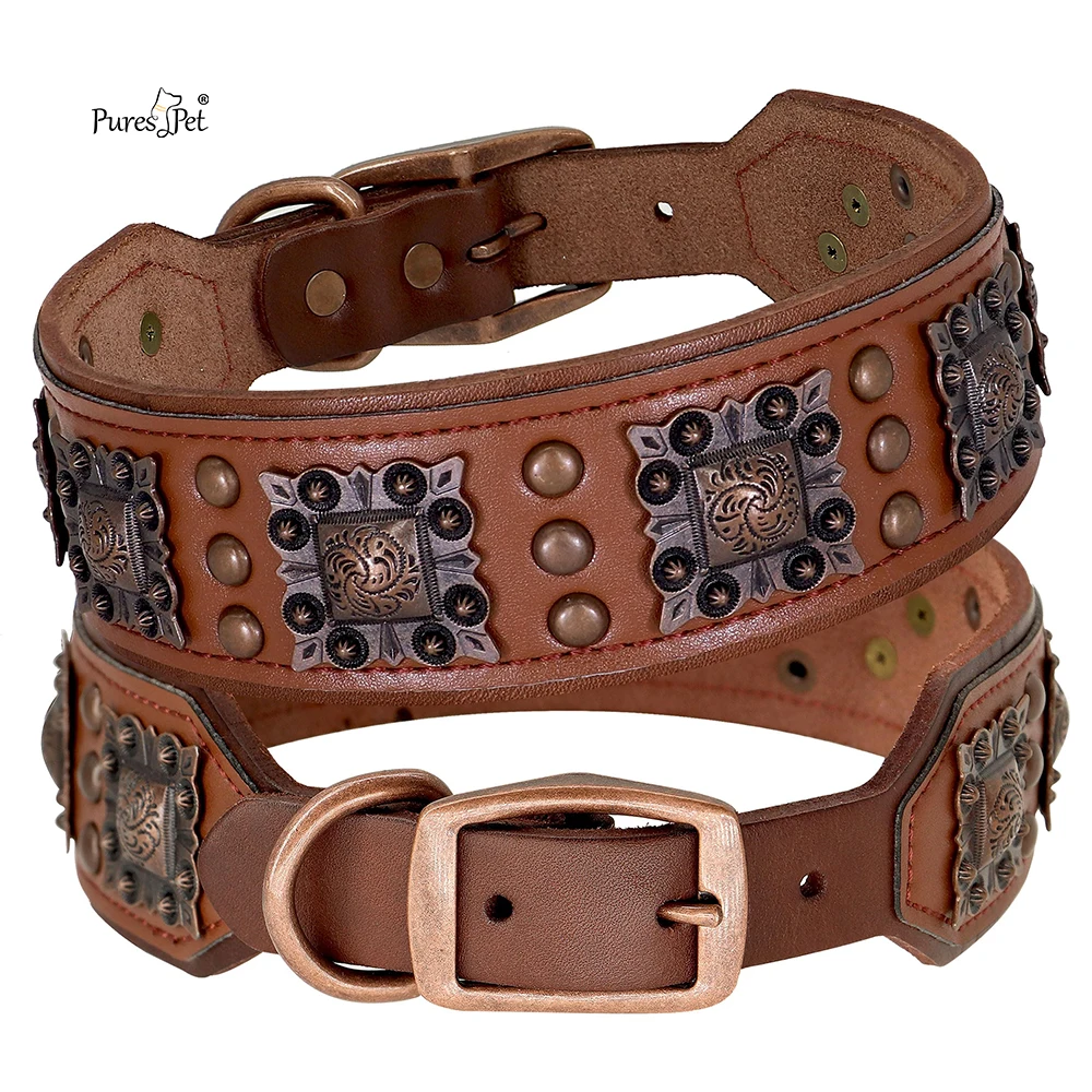 

Dog Leather Anti Bite Rivet Collar Large Dog Neck Collar Metal Buckle Adjustable for Dogs Vintage Cowhide Material