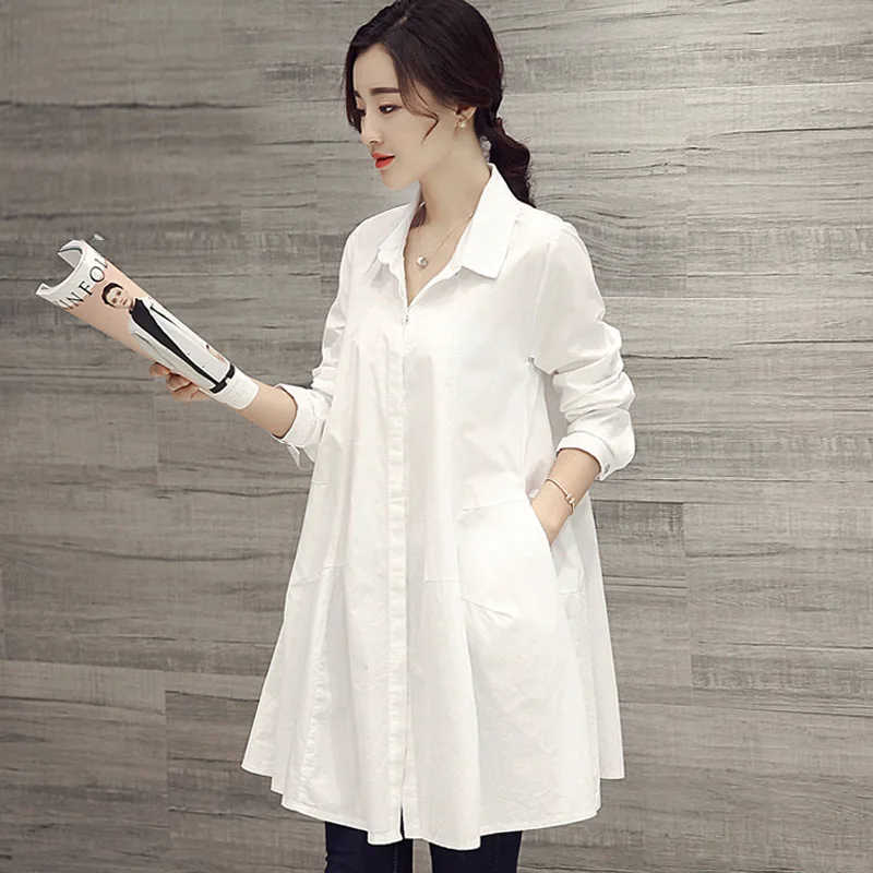 

Women's Loose Long Sve irt Spring Autumn New Sle Korean Version plus Size Versatile Mid-Length Faionable Cotton Blouse