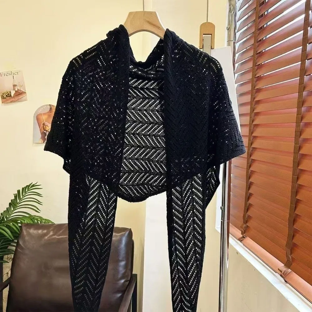 

Casual Hollow Out Knitted Triangle Scarf Solid Color Sun Protection Vacation Shawl Thin Breathable Cardigan Cape