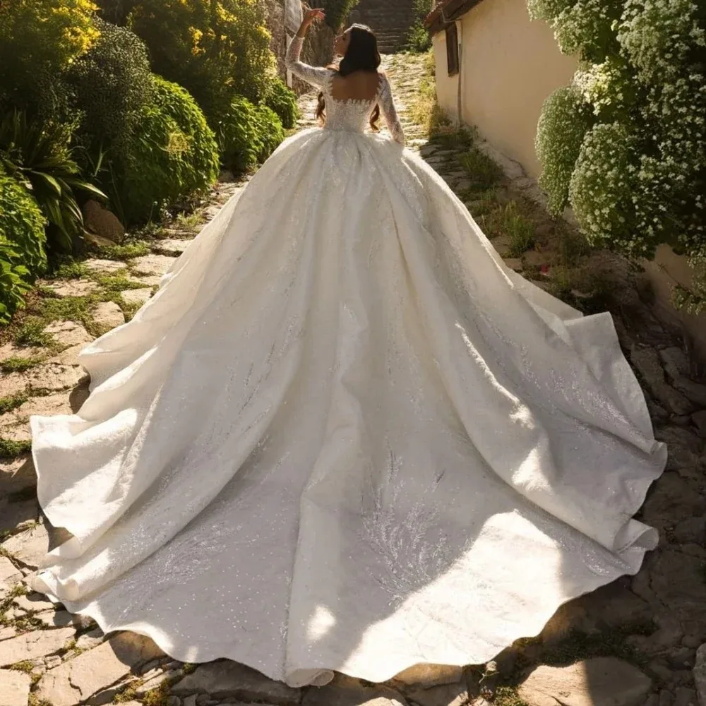 Custom New Luxury Wedding Dresses Sequins Beaded Bride Ball Gown V Neck Rhinestone Bridal Dress Long Sleeves Vestidos De Novia