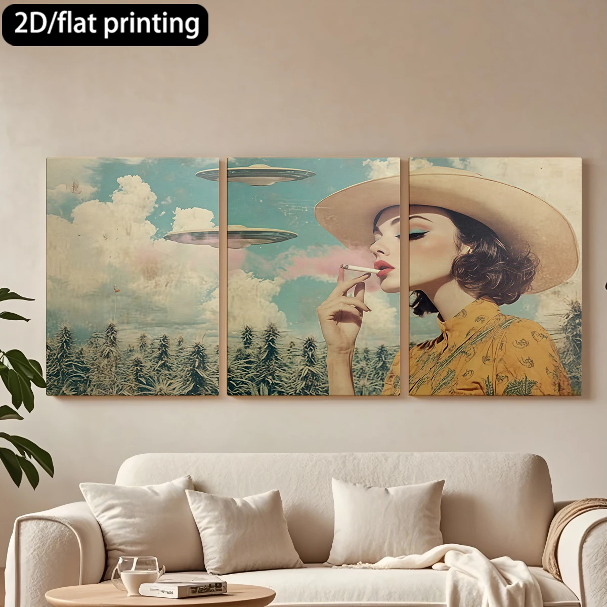 

Трехпанельная декоративная картина на холсте: Женщина в шляпе, курящая, НЛО, растения.