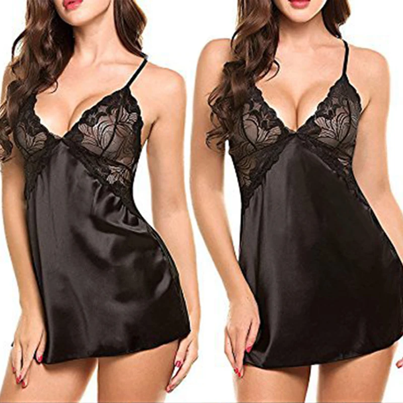 Women Sexy Silk Satin Night Dress Sleeveless Nighties V Neck Comfortable Silk Lingerie Female Lace Pajamas Sleepwear Nightwear