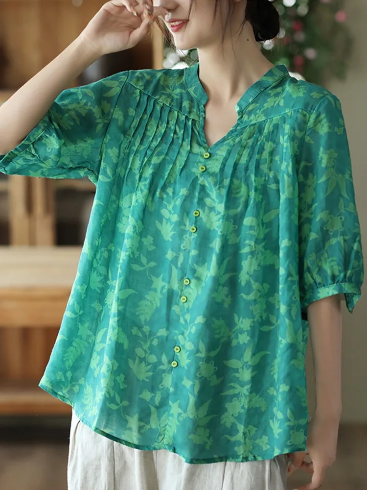 Women Summer Casual Shirts New 2023 Vintage Style V-neck Floral Print Loose Comfortable Female Half Sleeve Tops Shirt B2519