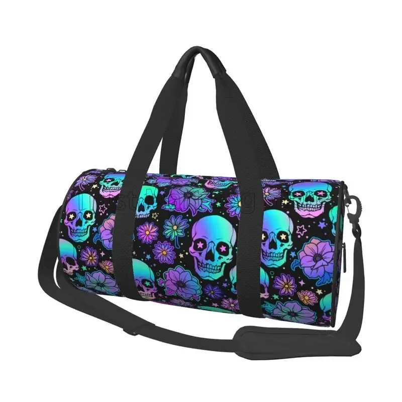 

Flowers and Skulls Print Black Travel Duffel Bag Waterproof Sports Tote Gym Bag Foldable Luggage Bags Weekender Overnight Bags