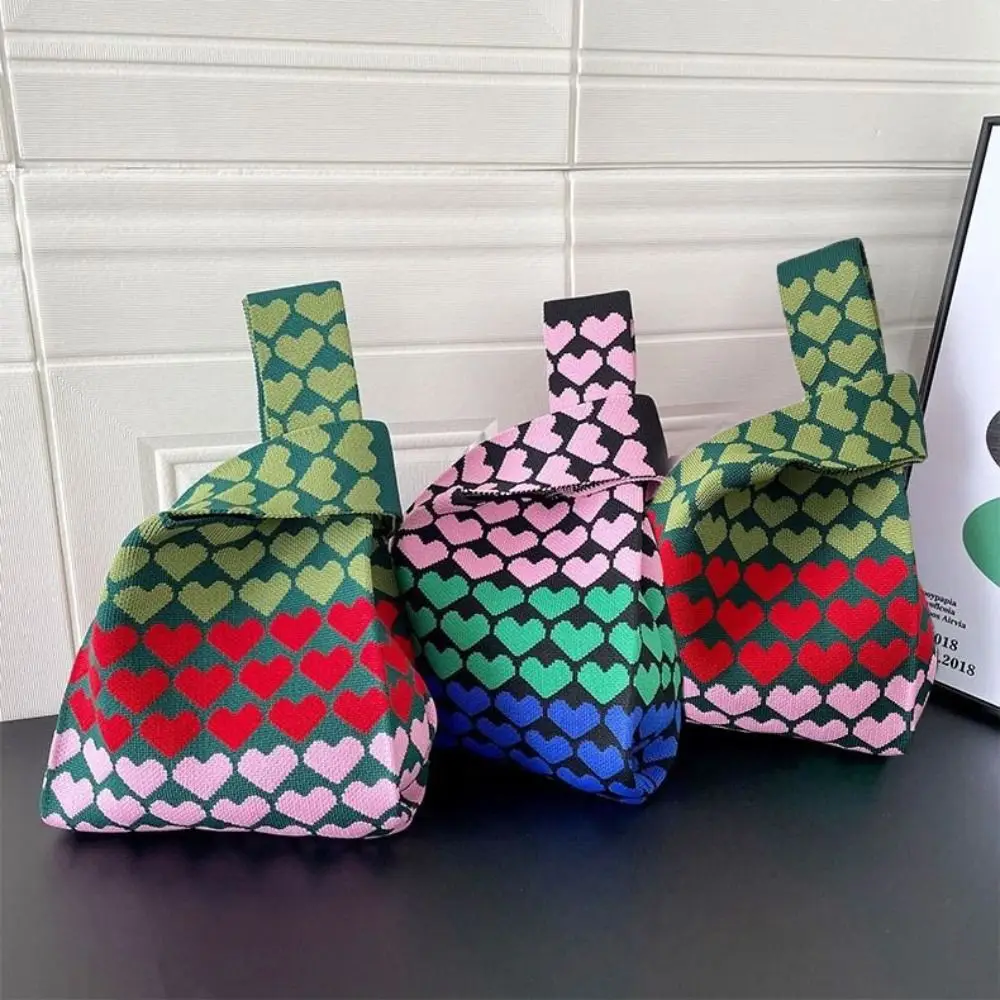 Large Capacity Knit Handbag Women Girls Knot Wrist Bag Reusable Mini Heart Tote Bag Handmade Portable Shopping Bags