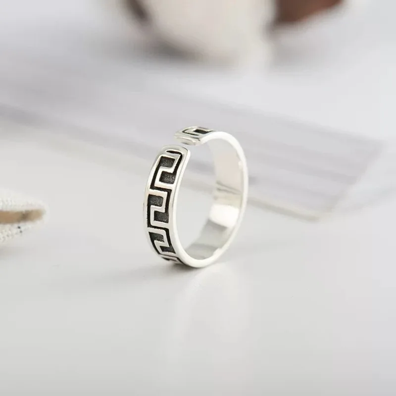 Silver color, fashionable retro vintage, geometric engraving, adjustable ring, men's and women's jewelry