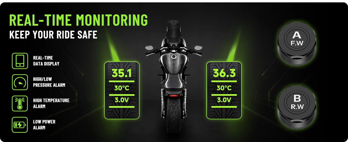 Motorrad-TPMS, Bluetooth 5.0 APP Echtzeit-Druck- & Temperaturalarm, IP67 Wasserdicht für Motorrad, Roller, ATV – Detail 2