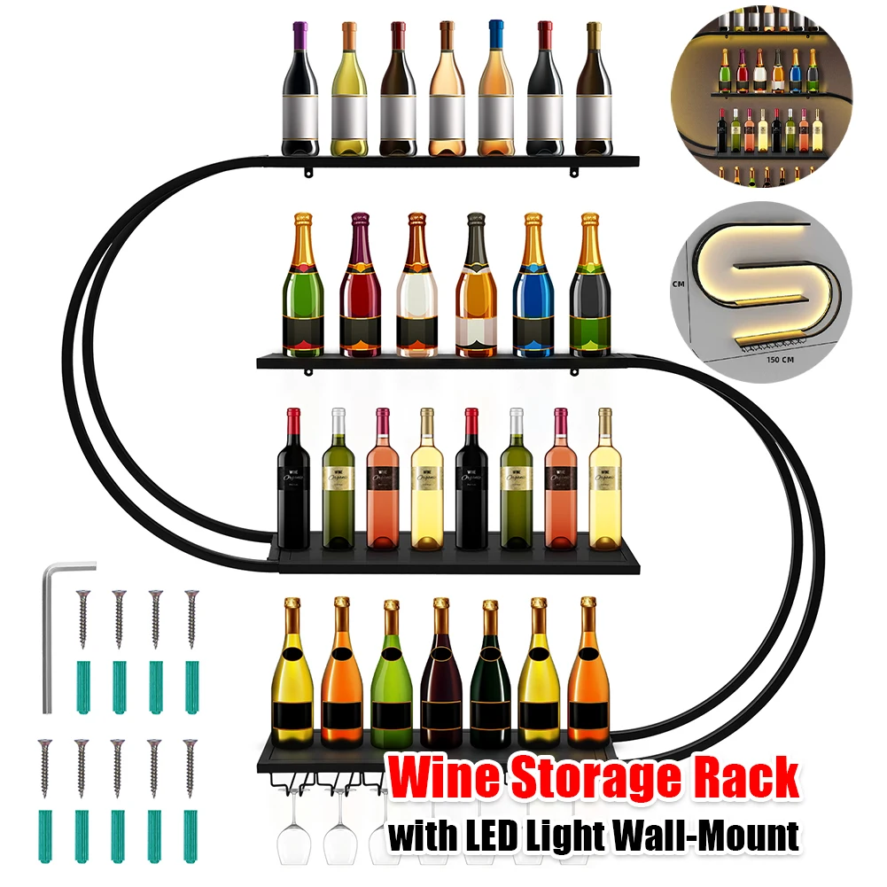 رف عرض زجاجة الخمور مع ضوء LED حامل زجاجي للنبيذ معلق بسعة كبيرة لتزيين غرفة الطعام في المنزل