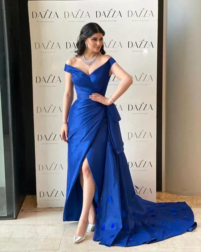 

Royal Blue Satin Saudi Arabia Mermaid Prom Dresses Sexy Side Split Dubai V Neck Evening Dresses Off The Shoulder Robes De Soirée