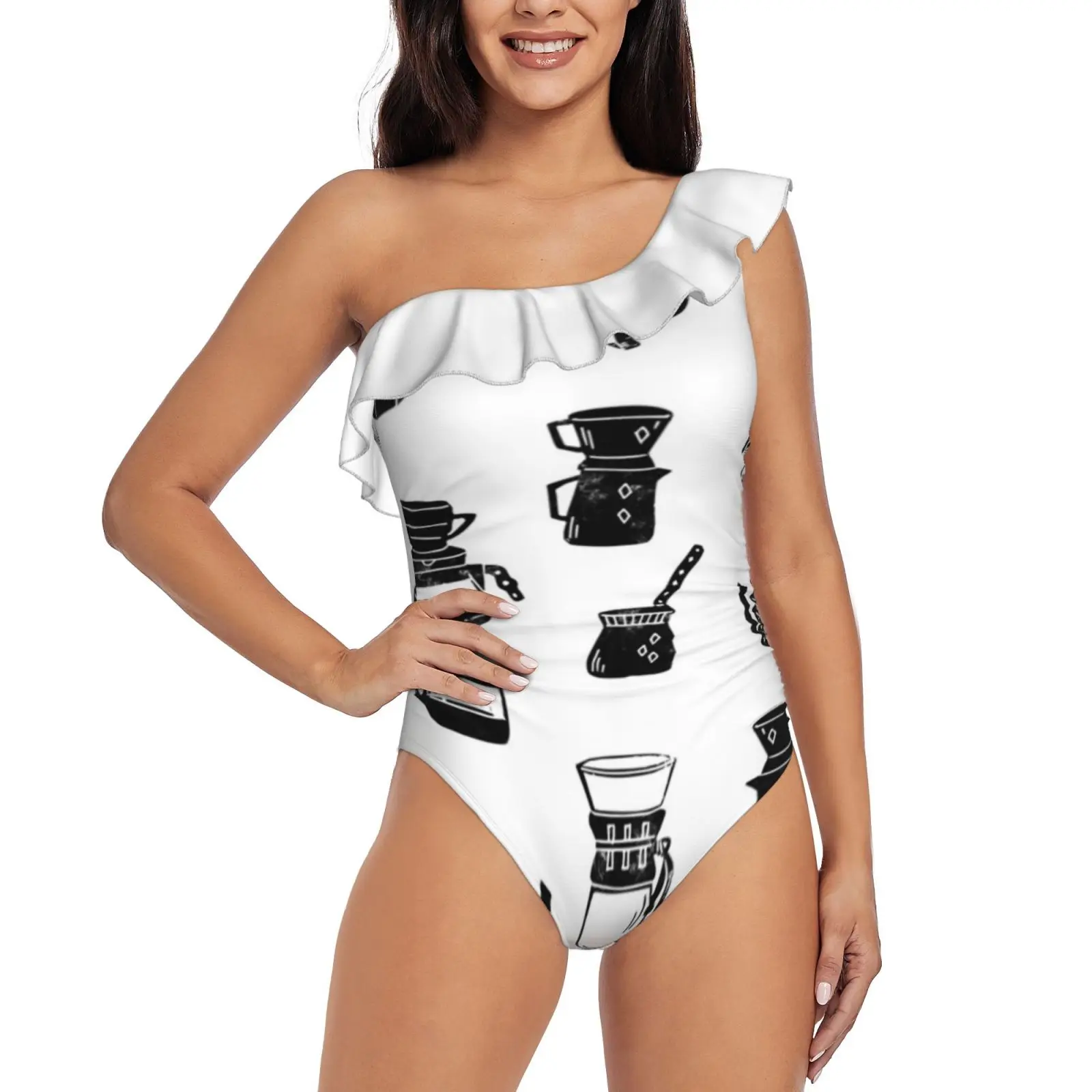 Coffee Makers Espresso Linocut Black And White Minimal Cafe One Shoulder Ruffle Swimsuits Bodysuit One Piece Swimwear Women New