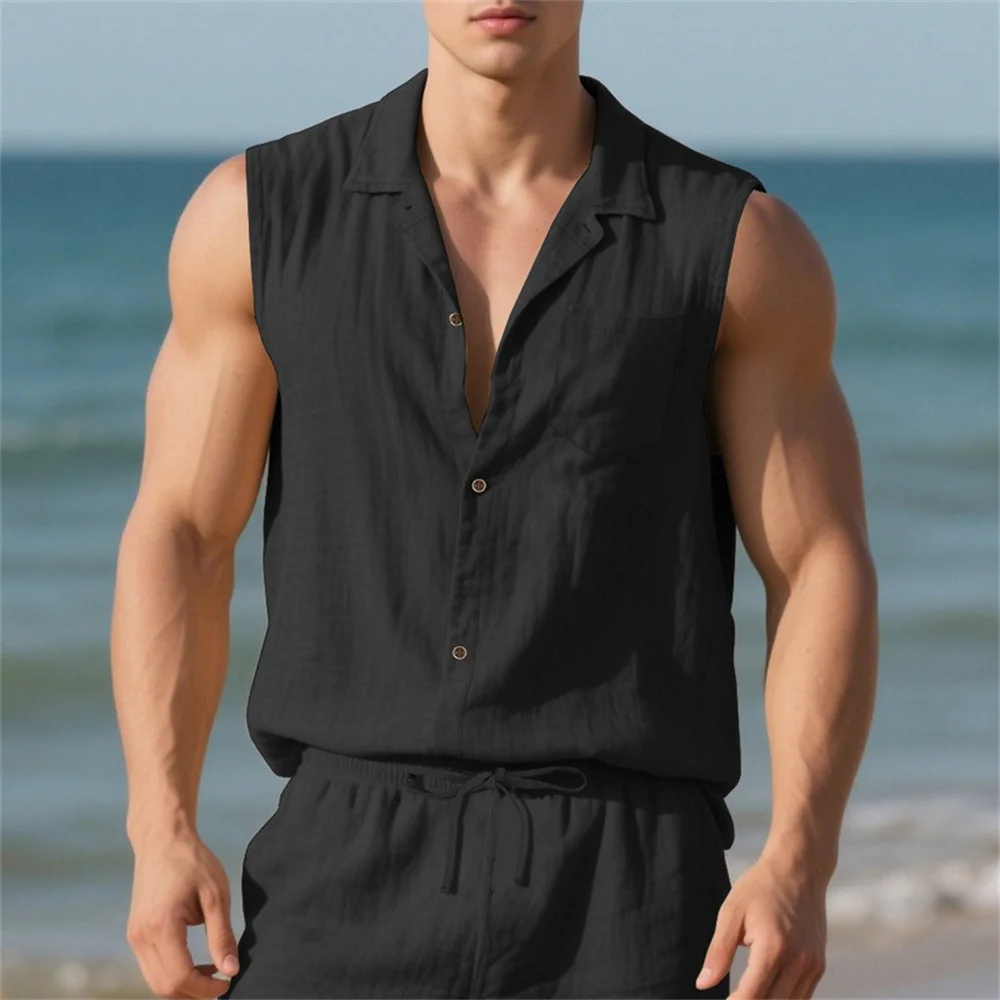 Cotton Tank Tops for Men Solid Color Single Breasted Fashion Trun-down Collar Sleeveless Tops Beach Style Holiday Vest