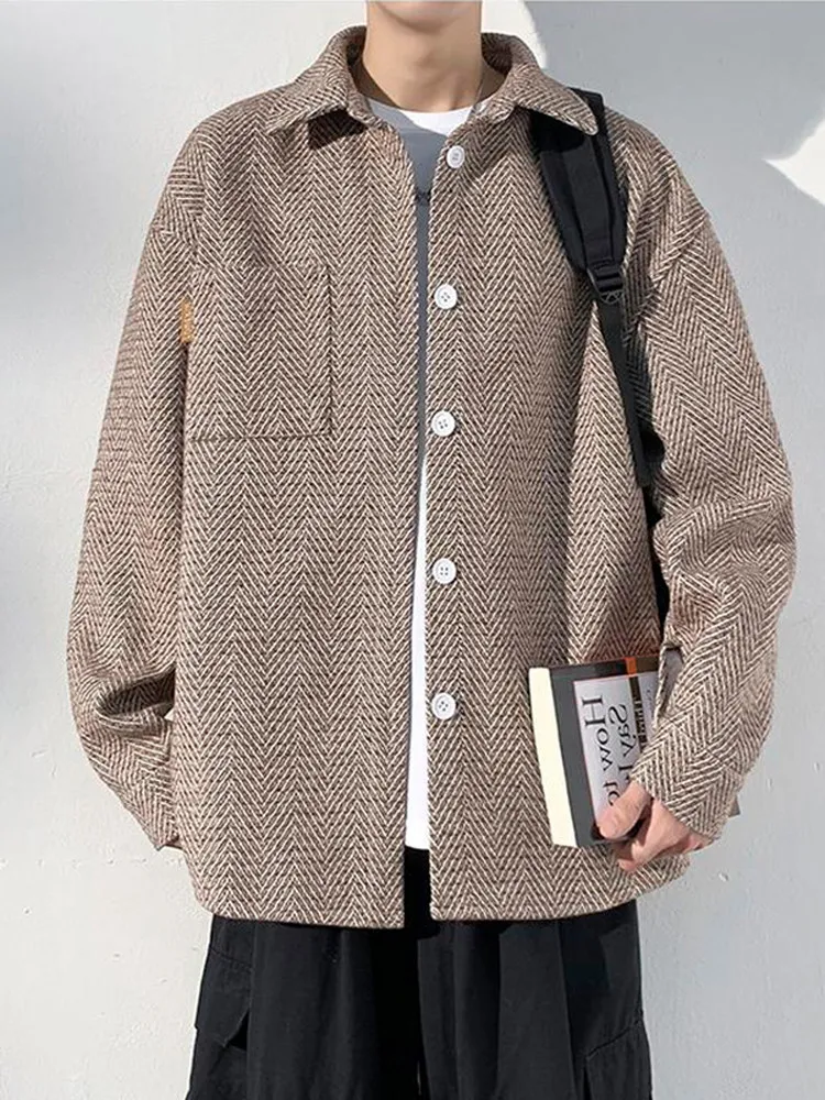 

American Sle Plaid Jaet Men's Loose Casual High Street Teenage Trendy Top Polyester Fiber Long Sve Flip Collar Open Ca...