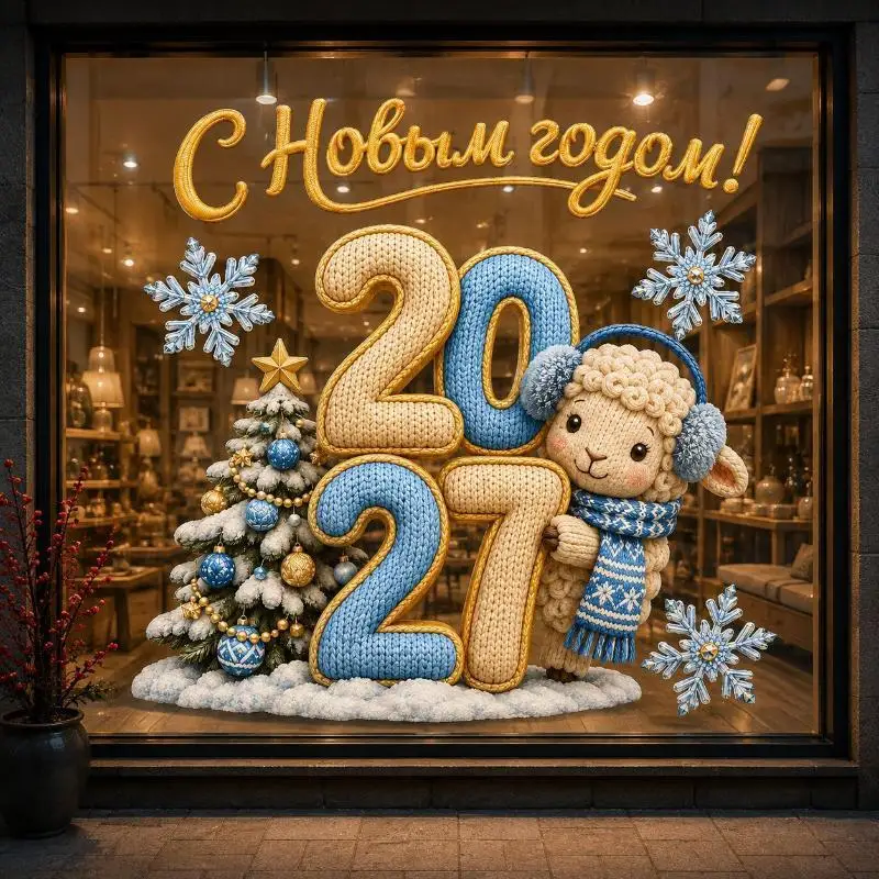 2027 New Year Window Decal Self-Adhesive Cute Knitted Sheep Snowflake Easy Apply Winter Holiday Party Supplies