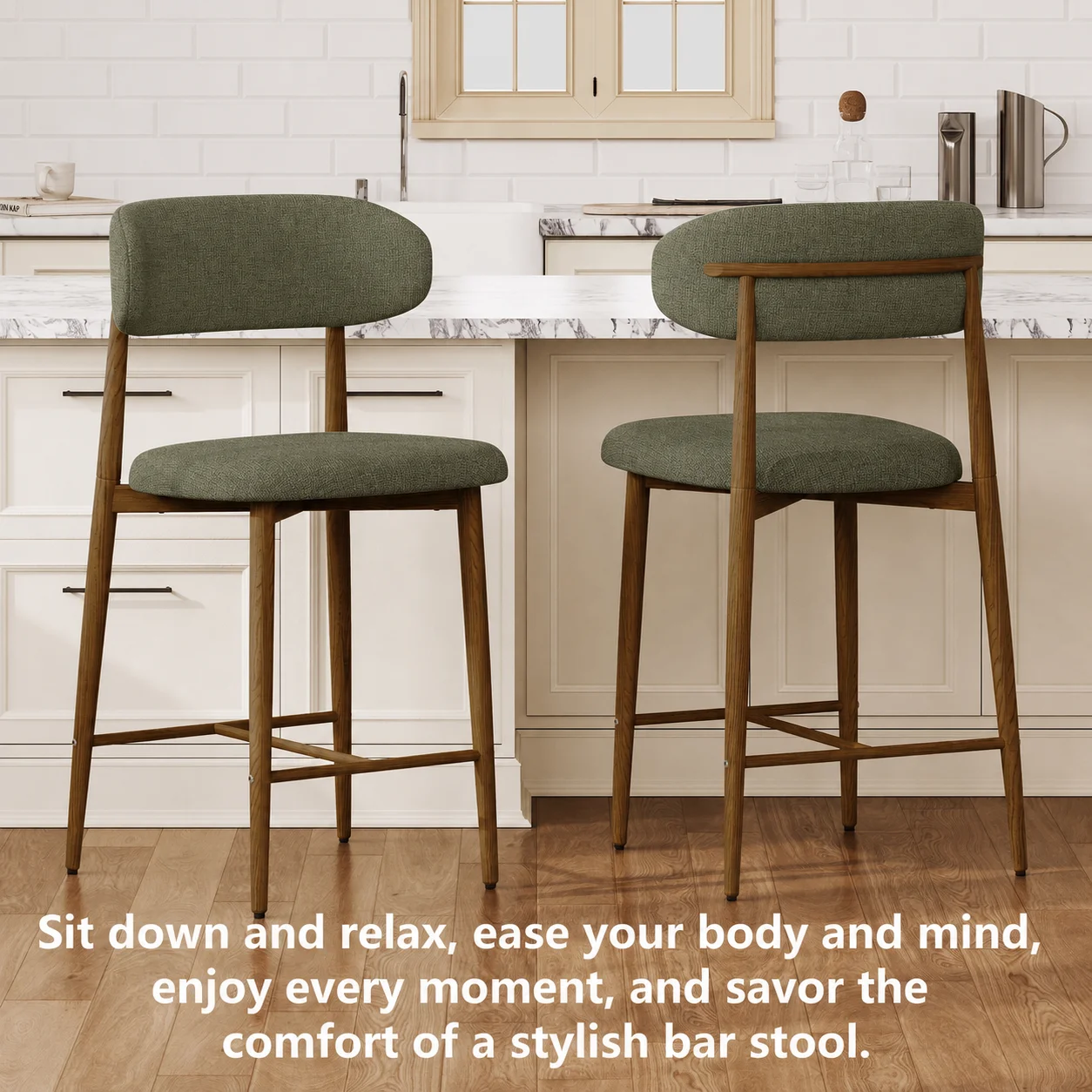 Set of 2 Green Upholstered Counter Height Bar Stools Modern Metal Legs Kitchen Island Dining Chairs