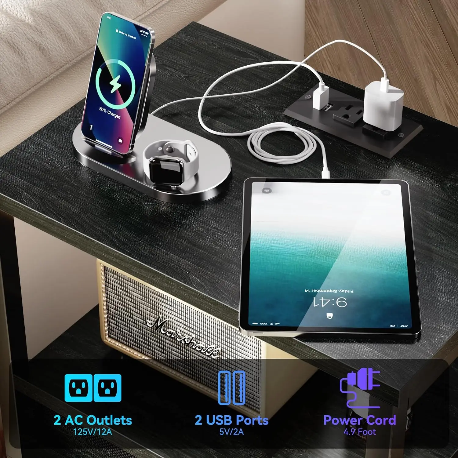 Nightstands Set of 2 with LED Lights & Charging Station, Black End Tables with Fabric Drawers for Bedroom/Living Room - view 5