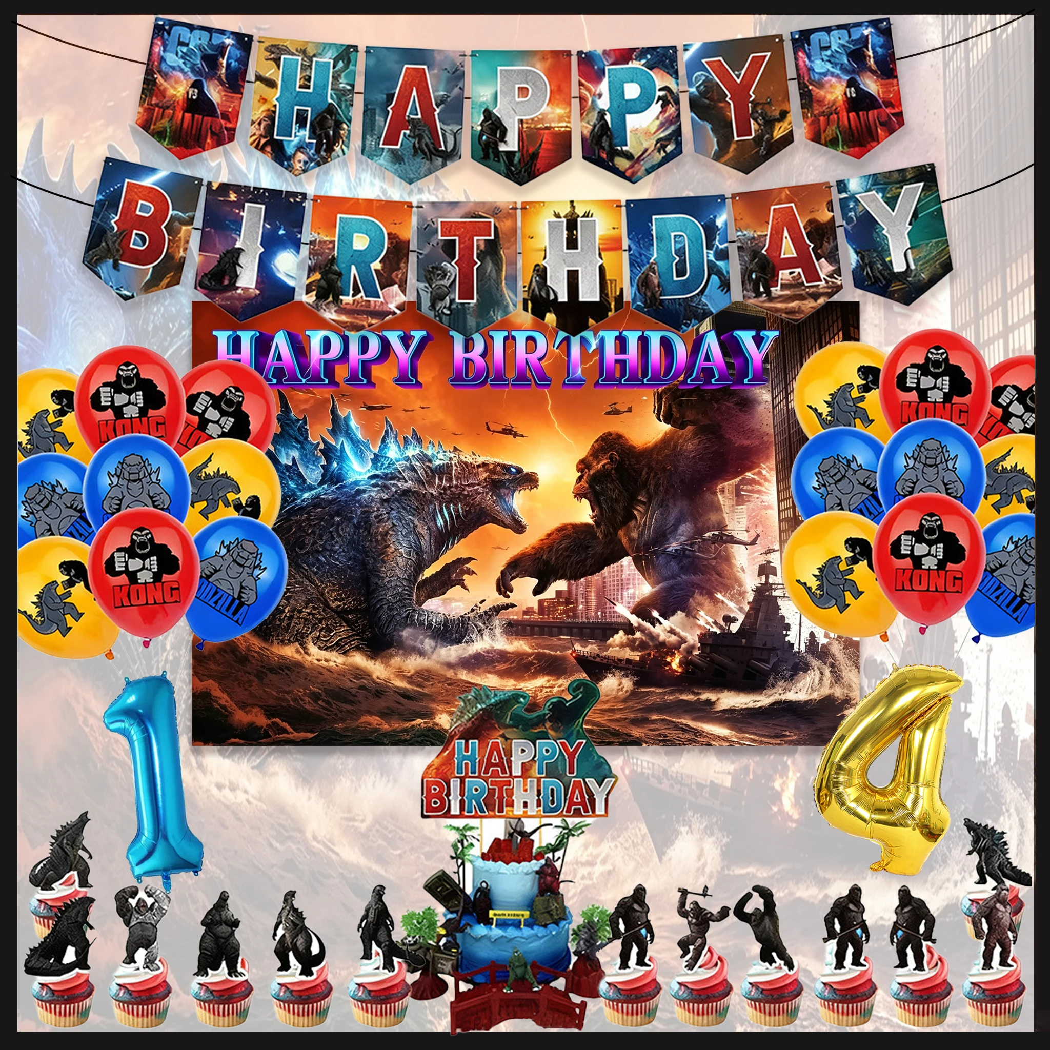 Monster Godzillaed Vs King Konged Happy Birthday Decoration Party Set Balloons Banner Backdrop Cake Topper Baby Shower Supplies
