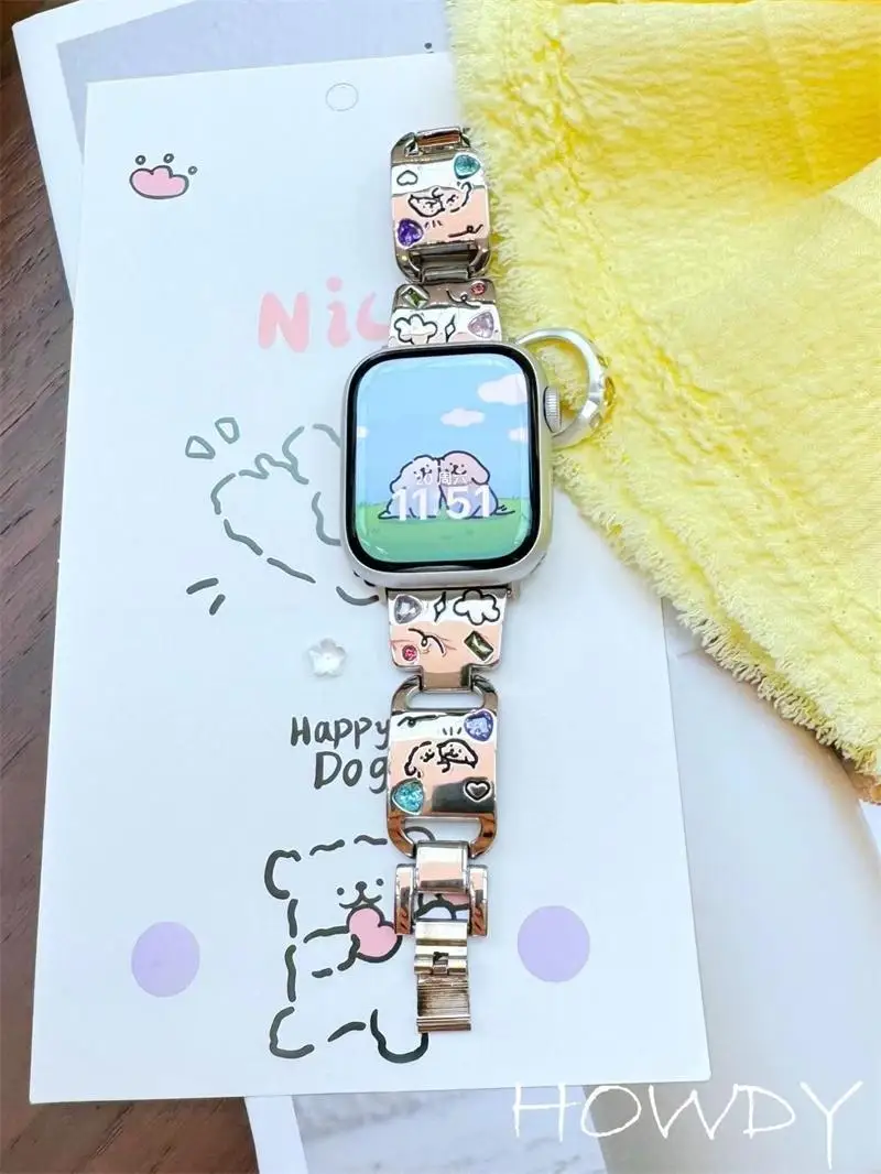 

Новый цветной металлический браслет с бриллиантовым щенком, совместимый с ремешком iWatch 38 мм, 40 мм, 41 мм, 42 мм, 44 мм, 45 мм, 49 мм, ремешок ручной работы