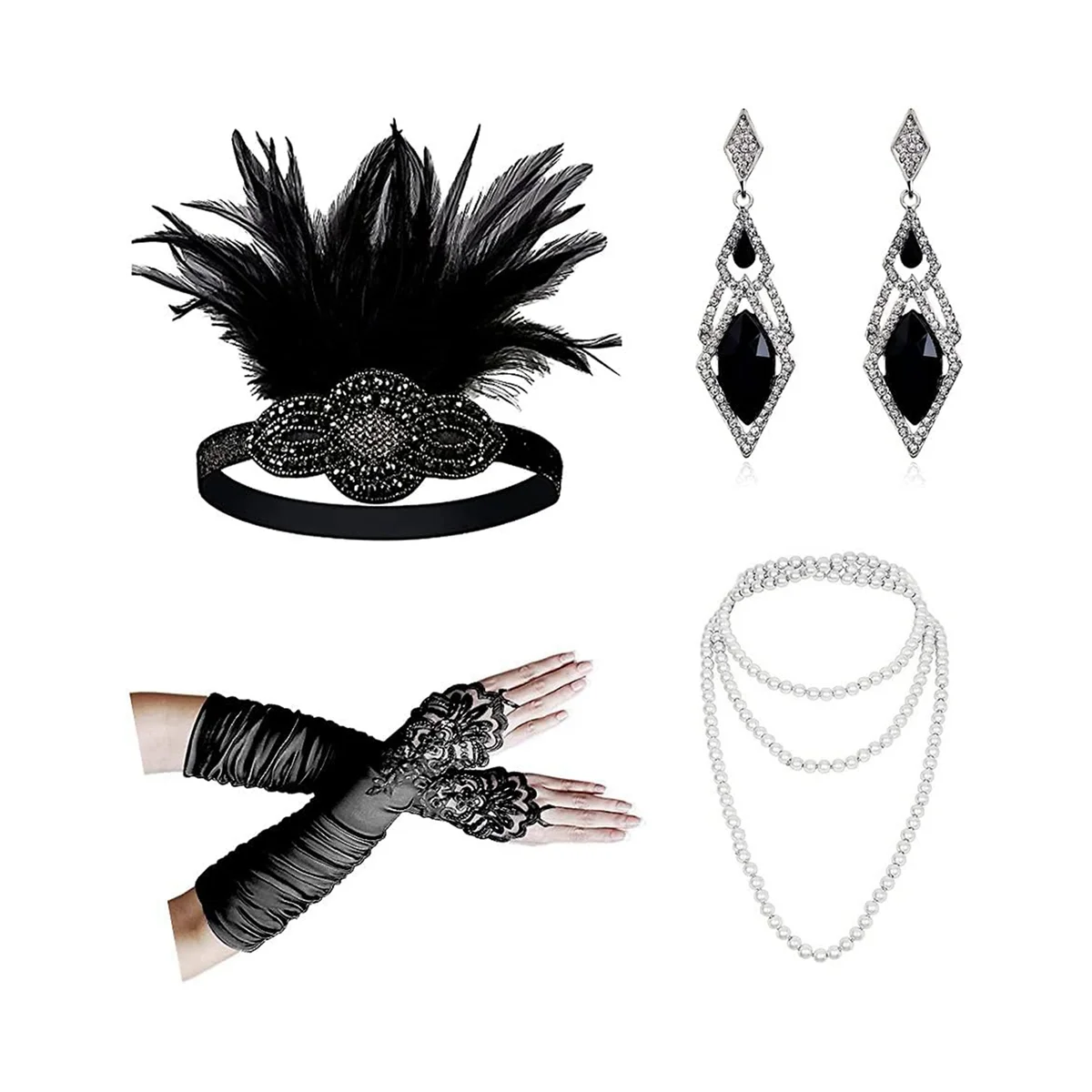 1920S Cosplay Accessories Set for Women Flapper Headband 20S Headpiece Necklace Gloves