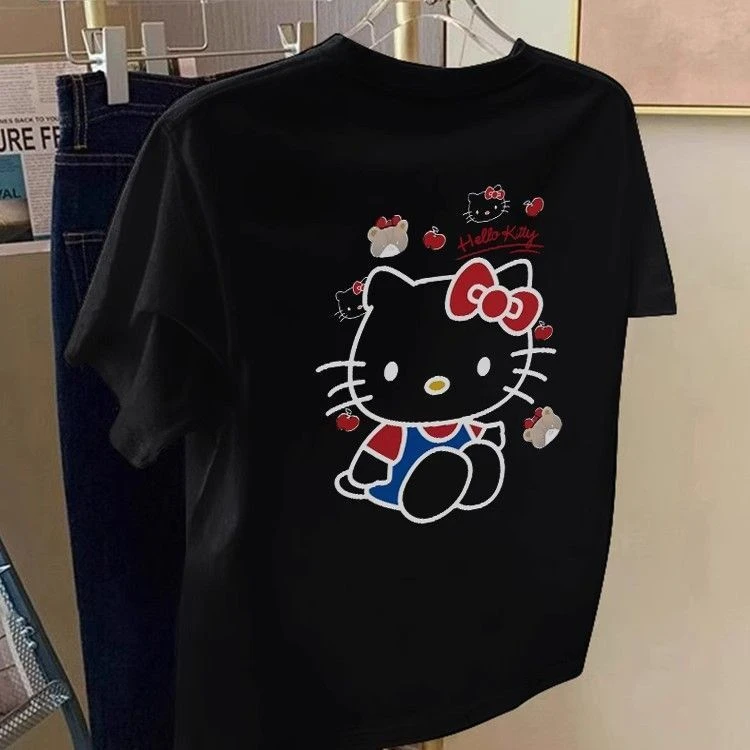 

Корейская модная и универсальная футболка с короткими рукавами из чистого хлопка с принтом кота KT для мужчин и женщин