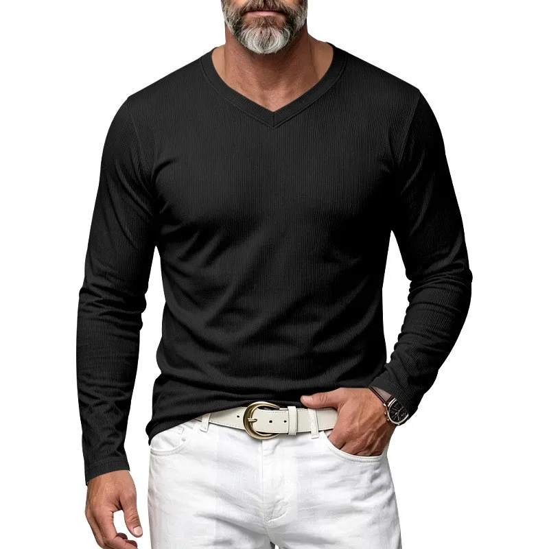 Herren Einteiliges Herbst- und Winter-Unterhemd mit V-Ausschnitt, Lässiges Loses Strick-Langarm-T-Shirt, Weiches und Dehnbares Basic-Layering-Oberteil – Detail 24
