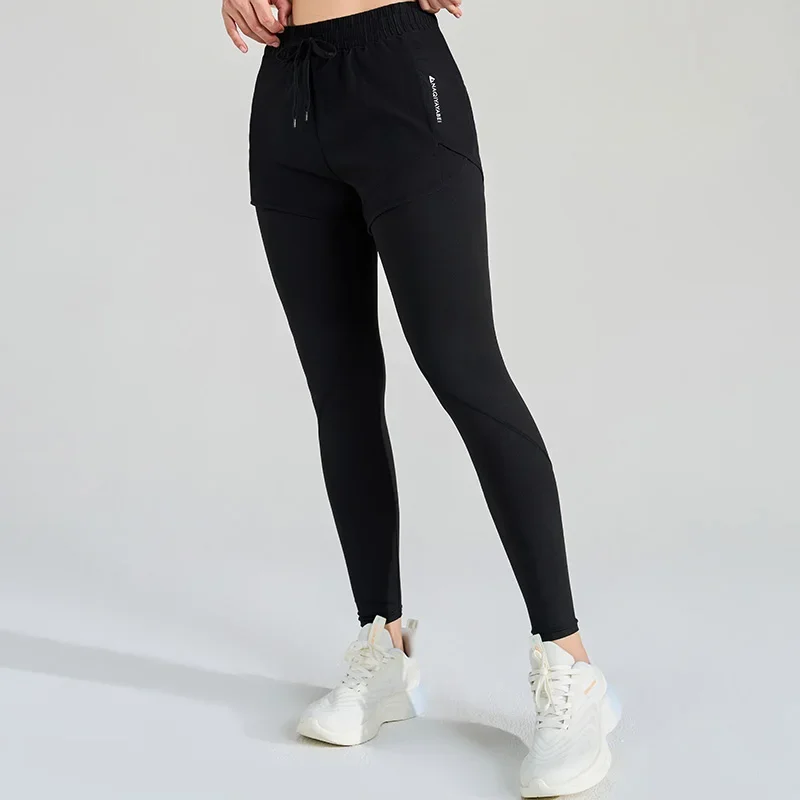 Pantaloni sportivi da donna Pantaloni da yoga finti in due pezzi Stretch Fitness Corsa Esercizio in tinta unita Pantaloni da nove minuti