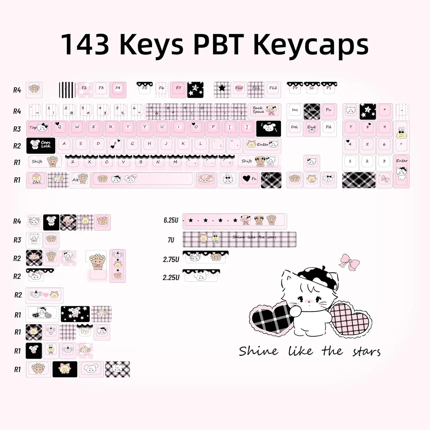 Black & Pink PBT Keycaps 145 Keys - Five-Sided Dye-Sublimation Custom keycapSet fit for MX Swithes Mechanical Keyboards