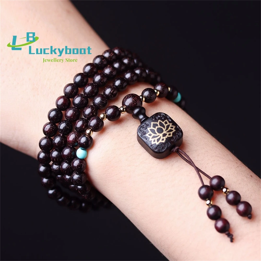 

Red Sandalwood Bracelet Zambian Blood Sandalwood 0.6 Beads Diy With Flat Lotus Pendant For Men And Women