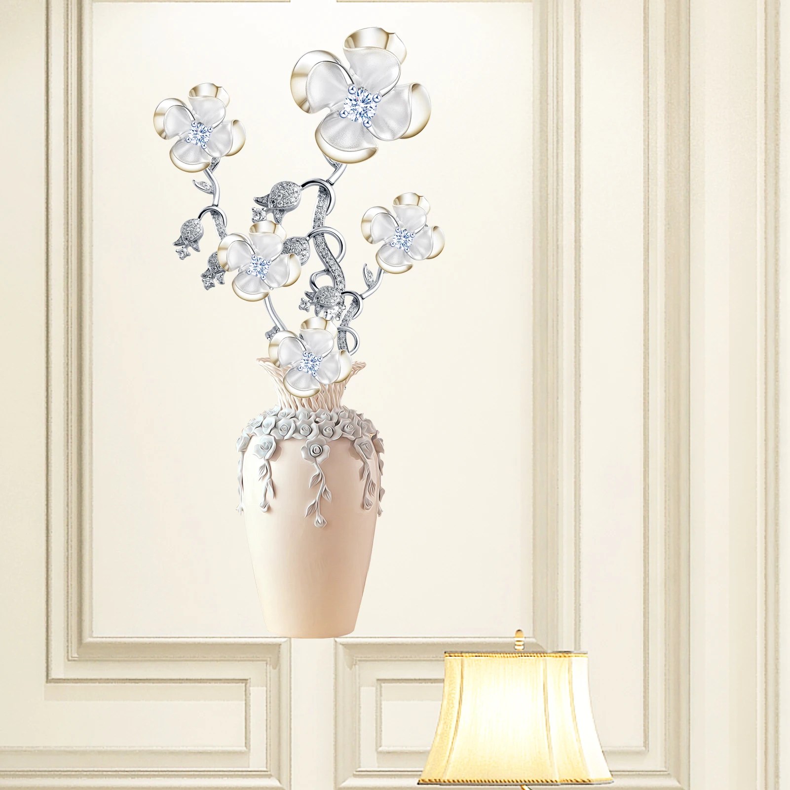 1PC Luxury Crystal Flower Vase Wall Decal, Elegant Silver Floral Vase with Rhinestones Vinyl Wall Sticker for Home Decor