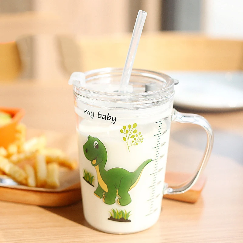 Coffee Cup Children's Milk Cup Glass Home Cartoon Drinking Cup Breakfast Cup Straw Cup 450ml Mugs Child Sippy Cup Drinkware