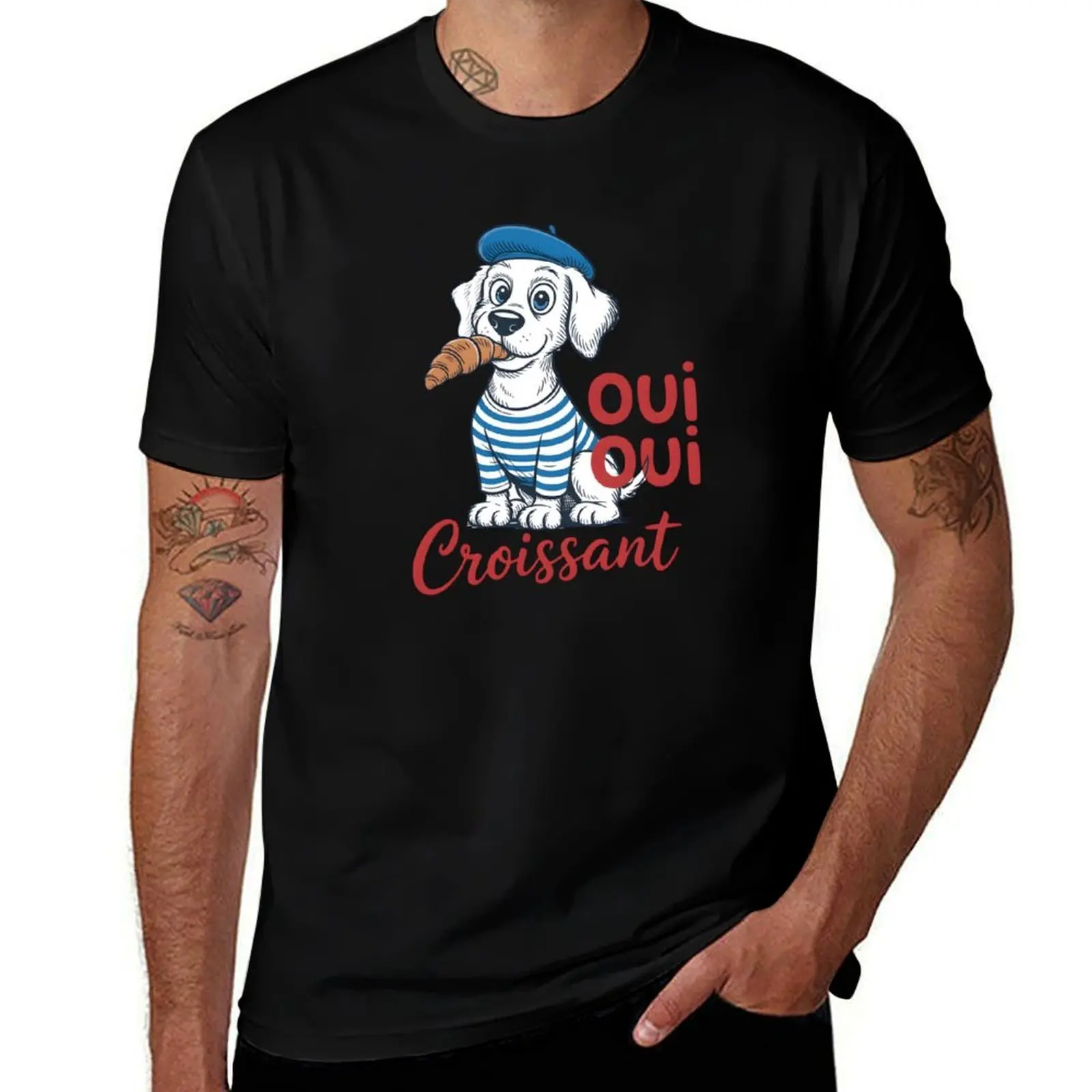 

French Dog with Croissant – Oui Oui Croissant Funny Cartoon T-Shirt vintage clothes Man t-shirt t shirts men