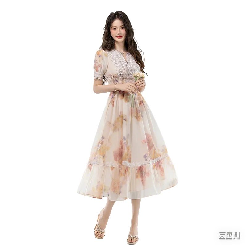 Gonna a trapezio in fibra di poliestere con stampa floreale rosa V-Ne Puffy Sve Dr Fairy Long Dr Summer Commute Sle Or Sve