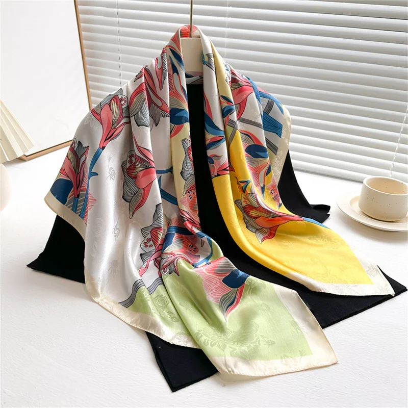 90*90cm Luxury Brand Twill Silk Large Scarf Women Fashion Belt Pattern Satin Square Female Design Handkerchief Bandanna Foulard