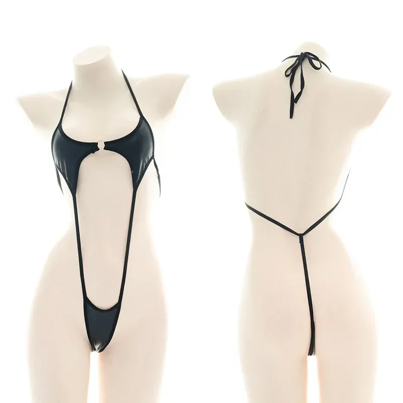 

Sexy Jumpsuit Bandage Patent Leather Bikini Straps Bandage Bodysuit Beach Girl One Piece Solid Women Demon Roleplay Lingerie