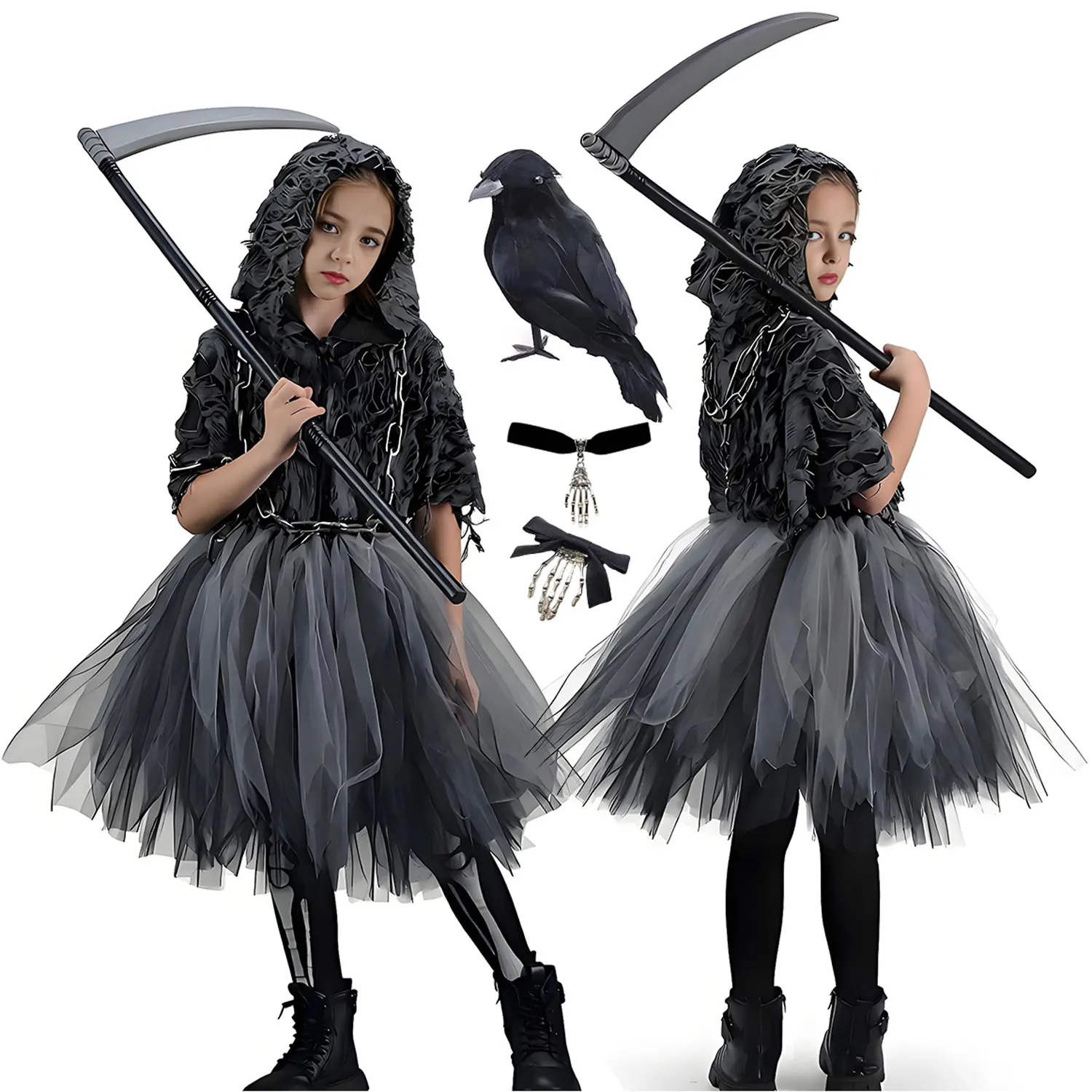 2026 New Black Scary Grim Reaper Cosplay Costume For Girls Carnival Grim Reaper Dress Cape Sickle Chain Socks 5‑Piece Set 3‑12T