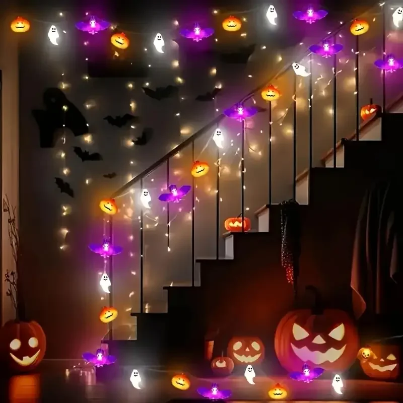 1PC LED Halloween Bat & Ghost & Pumpkin String Light Battery Powered For Home Bedroom Living Room Halloween Theme Party Decor