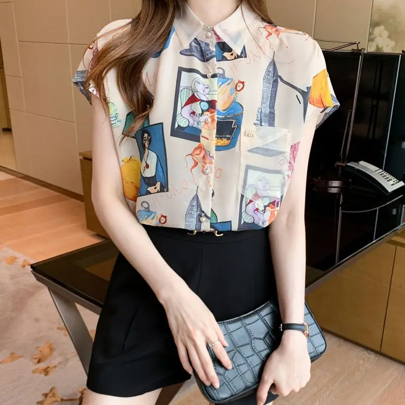 3XL Women Summer Spring Blouses Shirts Lady Fashion Casual Short Sleeve Turn-down Collar Flower Printing Blusas Tops G2541