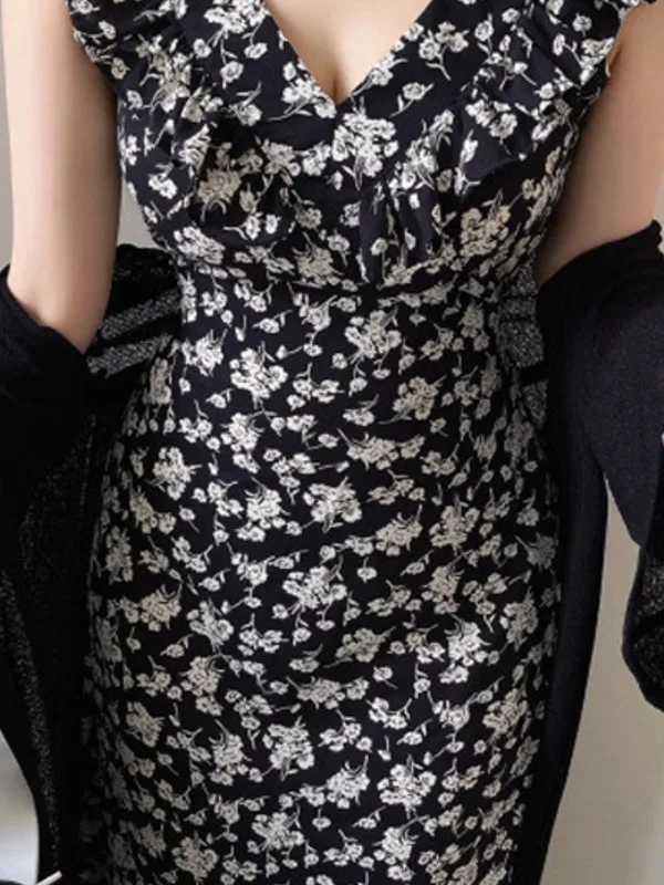 Ele Floral Print Long Dr Damen Sommer 2025, New Sle V-Ne Svel Waist-Cinched Ladylike Maxi Dr