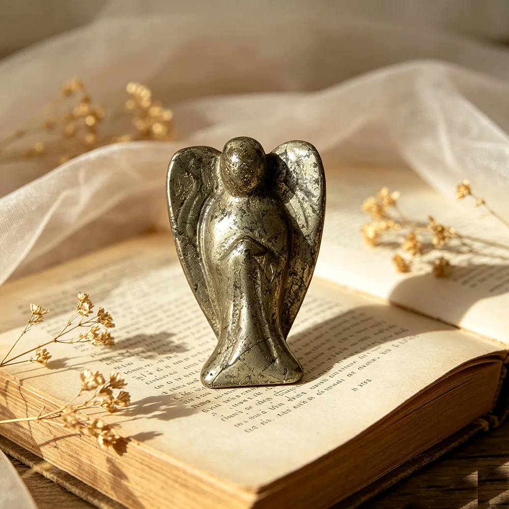 Natural Pyrite Crystal Angel Carving Fool's Gold Energy Ornament Home Reiki Decor Gemstone Souvenir Gift