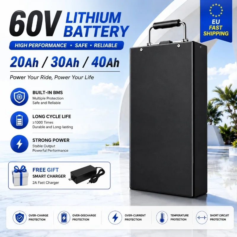60V Lithium-Batterie 20Ah 30Ah 40Ah für Harley-Style Elektromotorrad, geeignet für CityCoco Elektroroller, 18650 wiederaufladbarer Akku mit integriertem BMS, wasserdicht, EU-Schnellversand