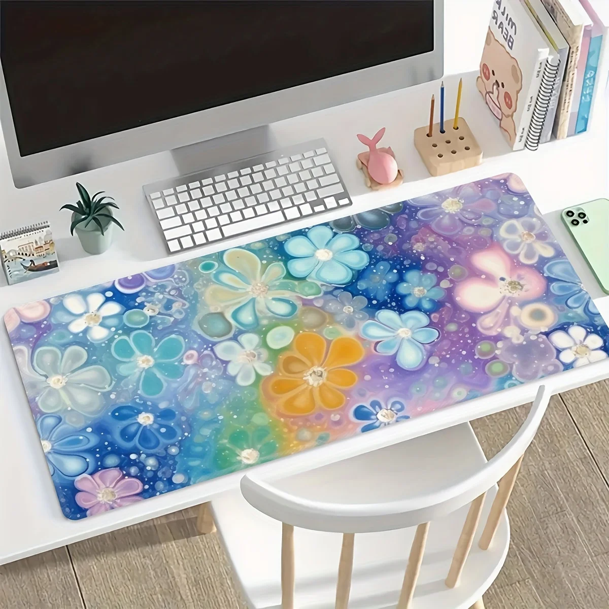 Extra Large Floral Gaming Mouse Pad - Non-Slip, Washable Rubber Desk Mat With Precision Stitched Edges For Daily Office Use, Rec