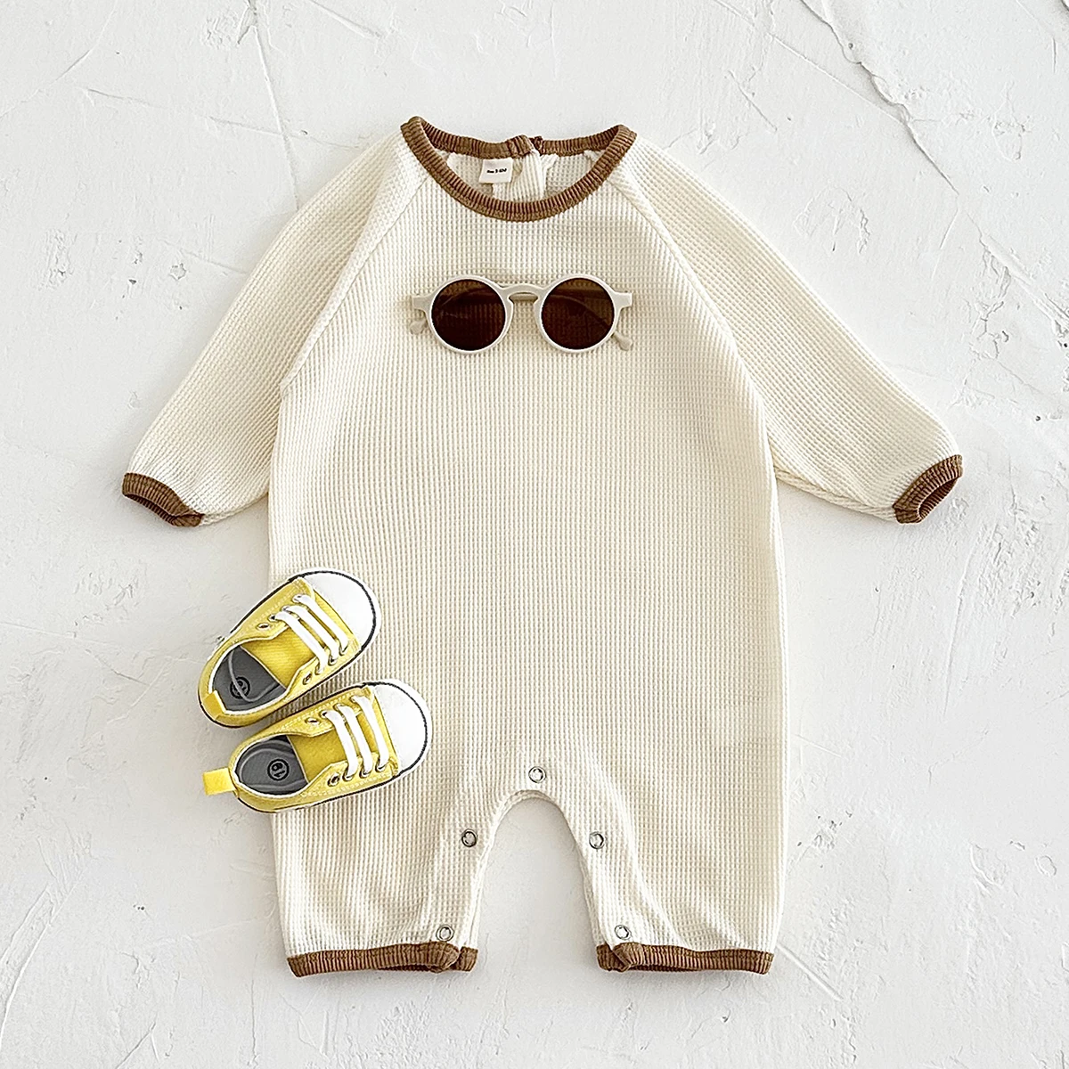 2024 Spring Autumn New Unisex Baby Bodysuit Long Sleeve Solid Color Spliced Boys Girls Creeper Newborn Baby Waffle Jumpsuit