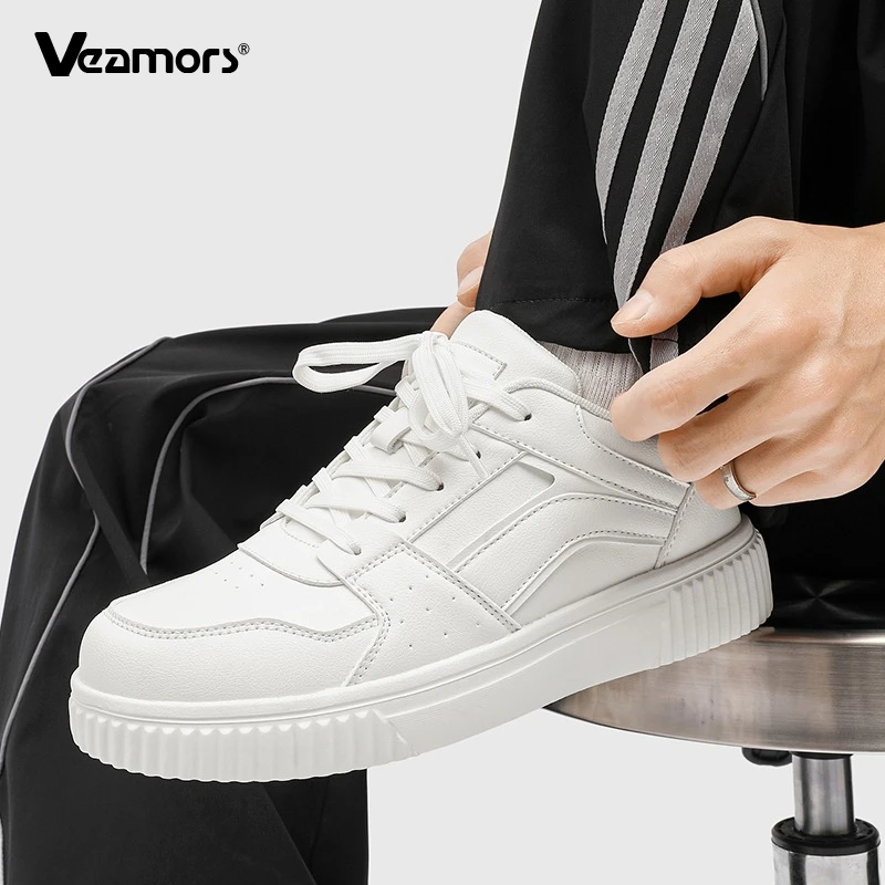 

White Shoes Fashion Lace-up Board Shoes for Men Women Non-slip PU Leather Casual Sport Shoes for Traveling Outdoor Jogging